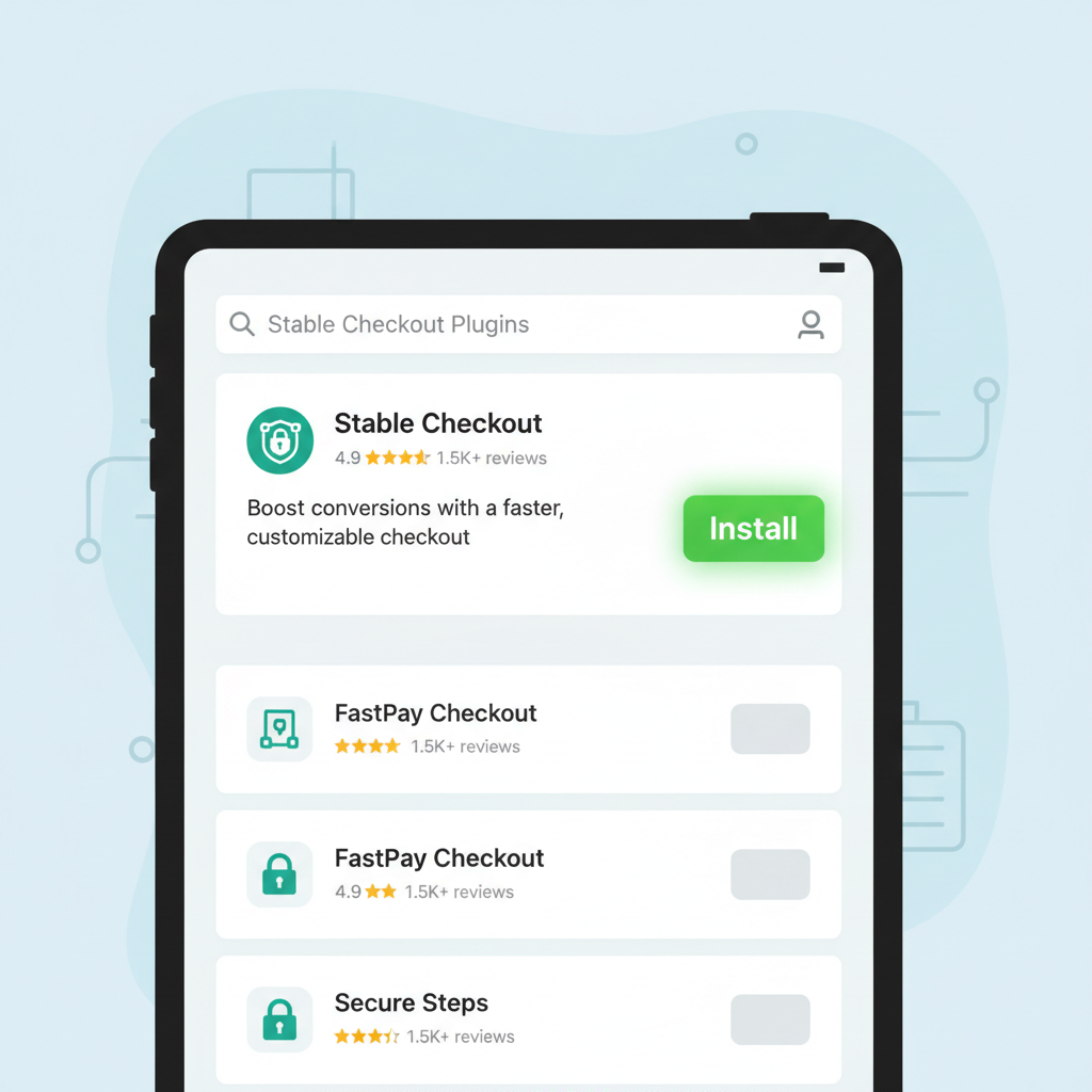 Shopify App Store search for Stable Checkout Plugins, clean interface, install button highlighted