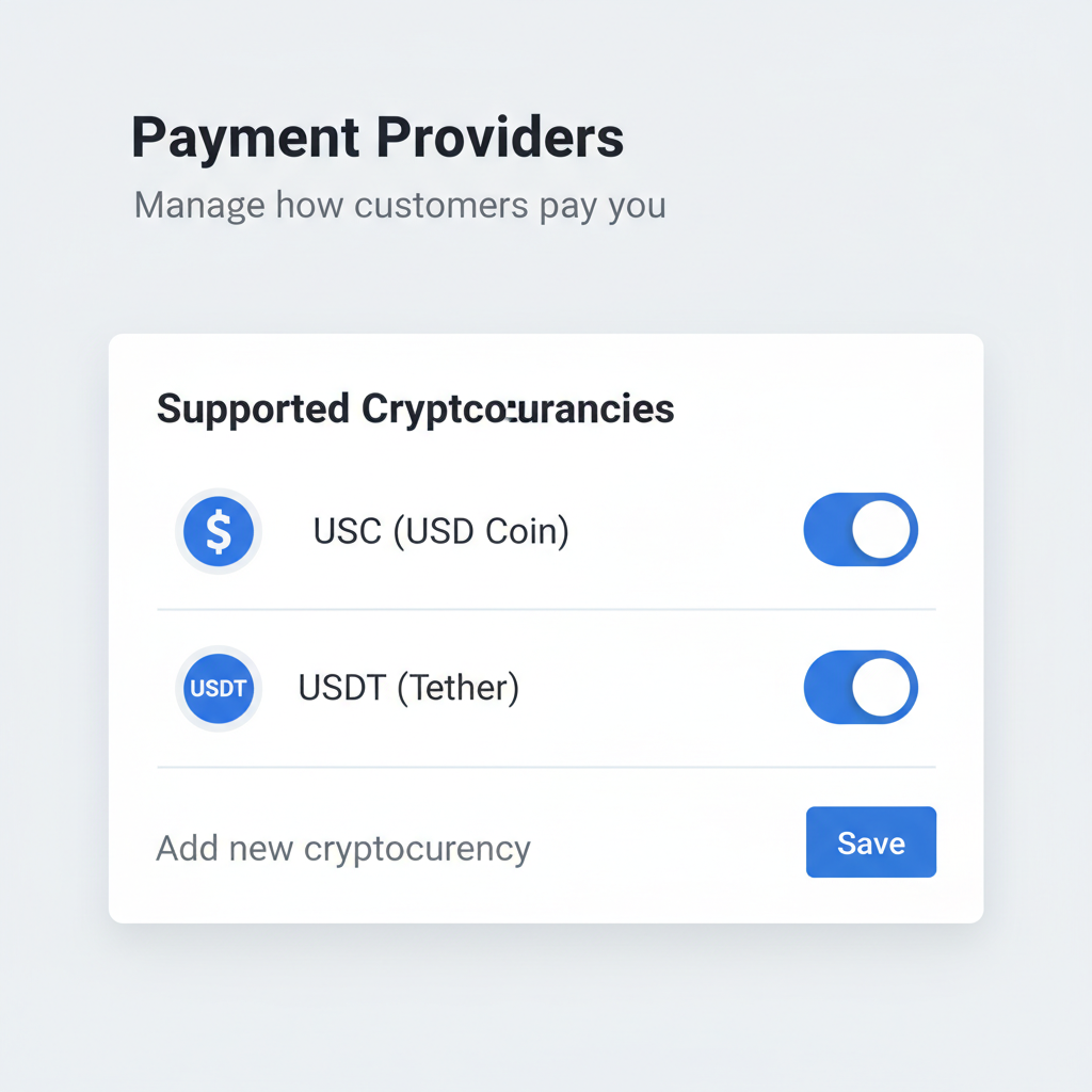 shopify payment settings with USDC USDT toggles on, configuration panel