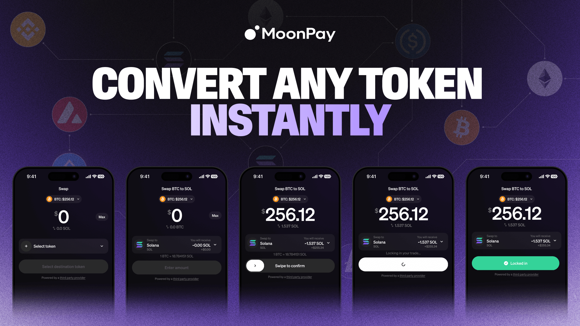 Solana Pay by MoonPay Shopify plugin dashboard screenshot showing USDC stablecoin transaction with instant fiat conversion, low-fee crypto payments integration