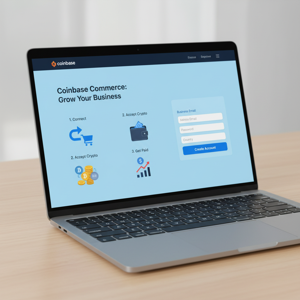 clean Coinbase Commerce signup page on laptop screen, modern blue interface, ecommerce focus
