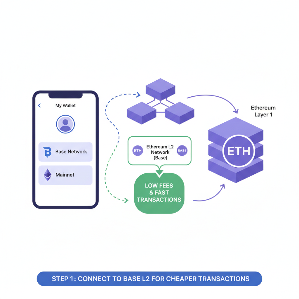 Digital wallet interface connecting to Base L2 network, Ethereum layer-2 diagram with low fee indicators