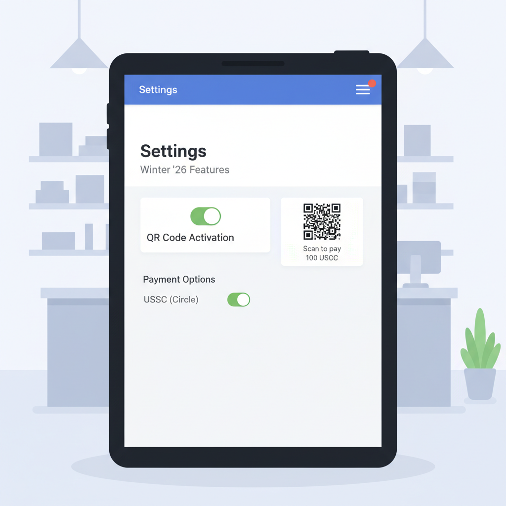 Shopify POS settings screenshot, Winter '26 QR code activation toggled on, USDC payment QR example visible, retail store vibe
