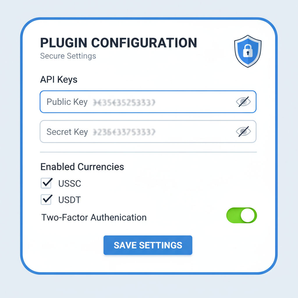 plugin configuration form with API keys blurred, USDC USDT checkboxes, secure settings interface