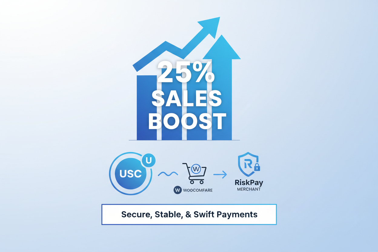Infographic showing merchant achieving 25% sales boost after USDC WooCommerce integration with RiskPay gateway