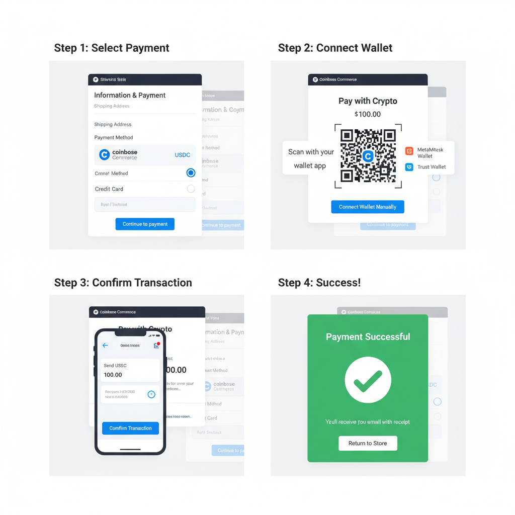 Shopify checkout page showing USDC payment option selected via Coinbase Commerce, test transaction screen with wallet QR code, success confirmation