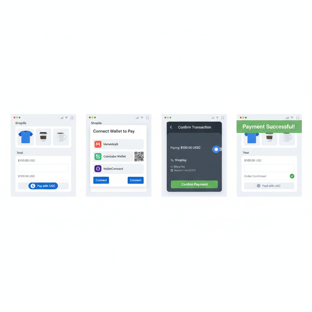 Testing USDC payment on Shopify checkout screen with success confirmation, demo transaction flow