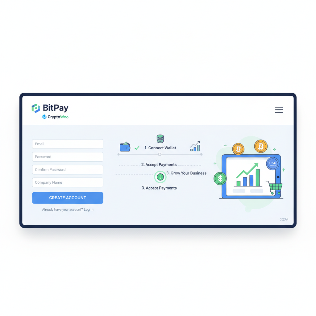 /professional ecommerce dashboard signup screen for crypto payment gateway, clean UI, BitPay or CryptoWoo branding, 2026 style
