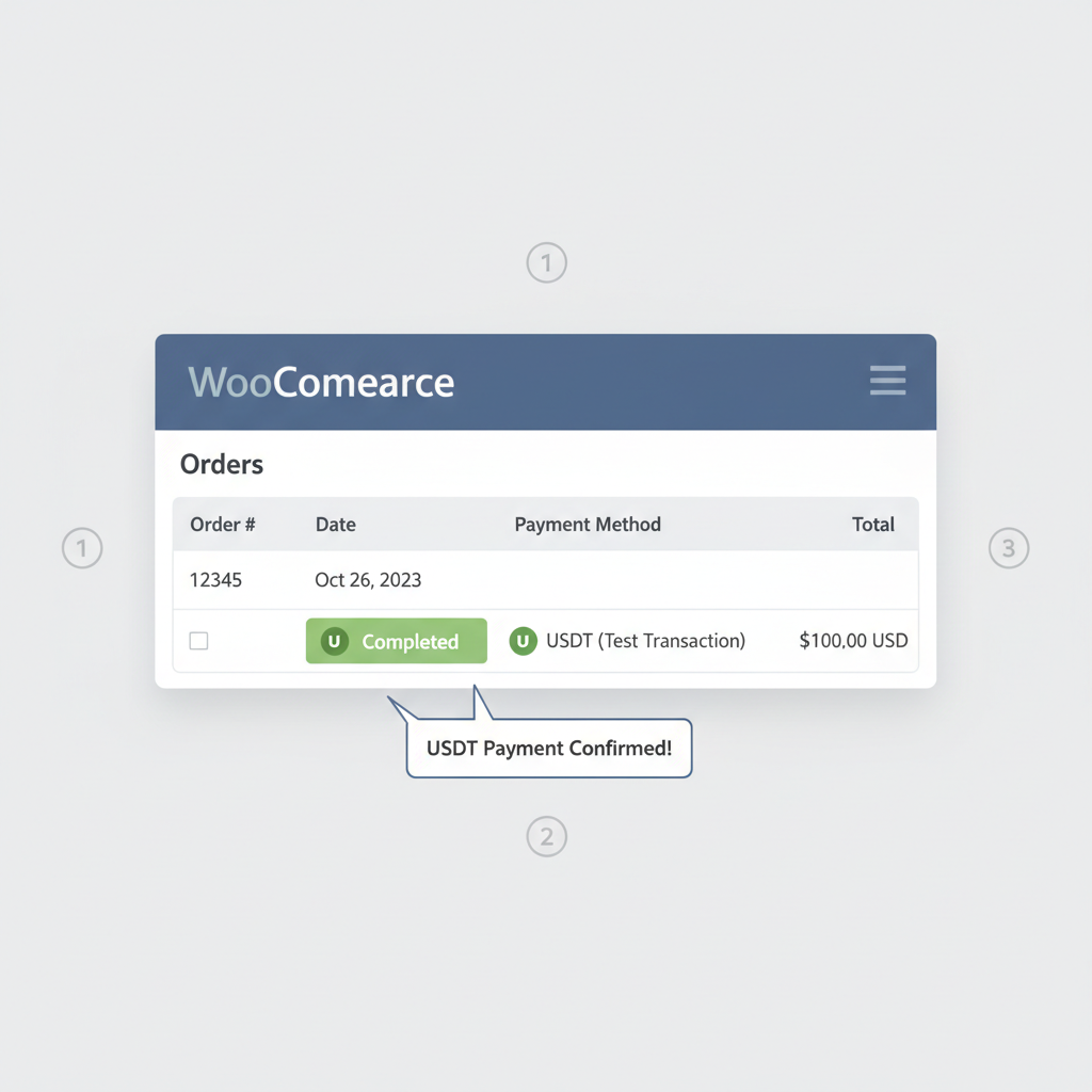 WooCommerce orders page successful USDT test transaction confirmed