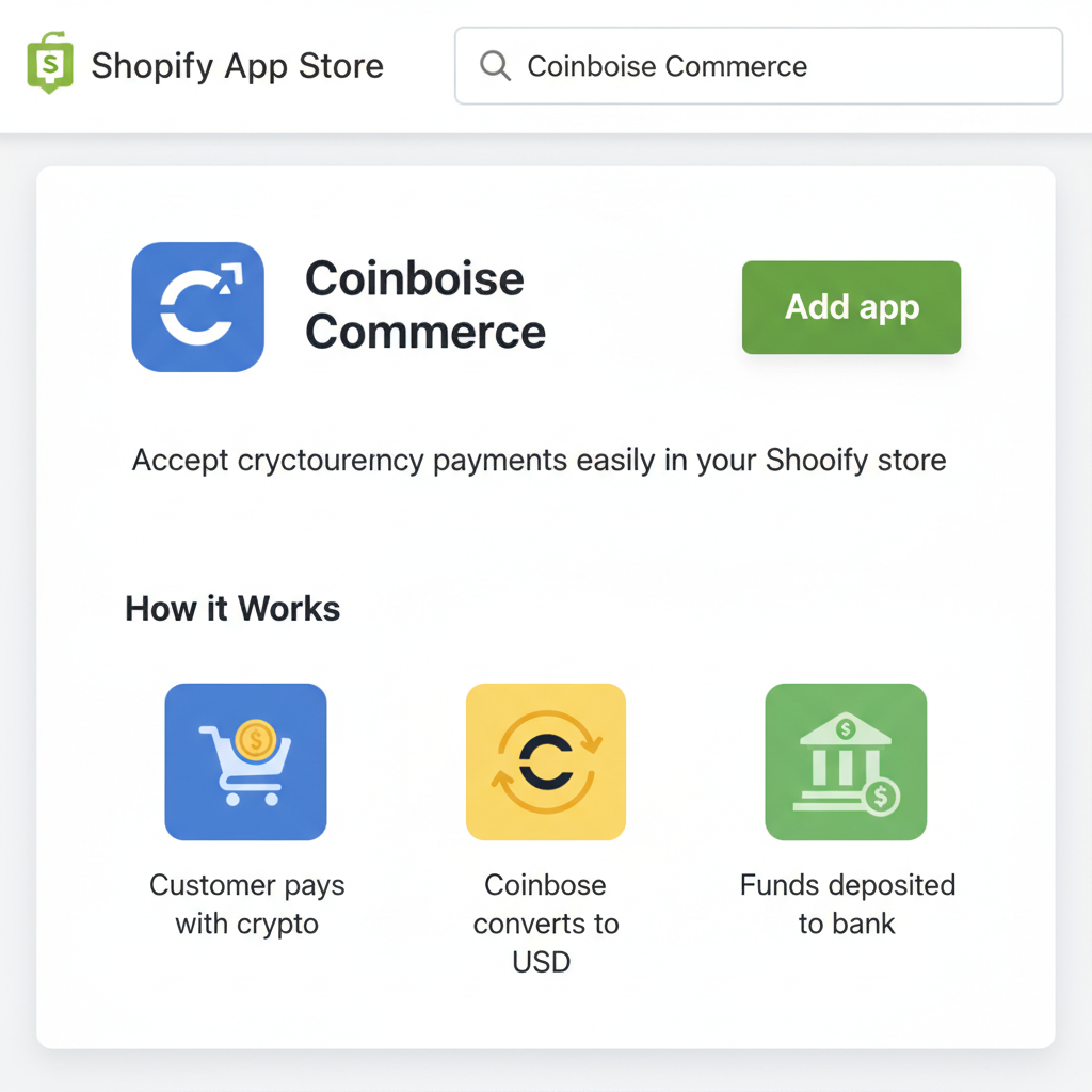 Shopify app store page showing Coinbase Commerce app, install button prominent, search bar with query