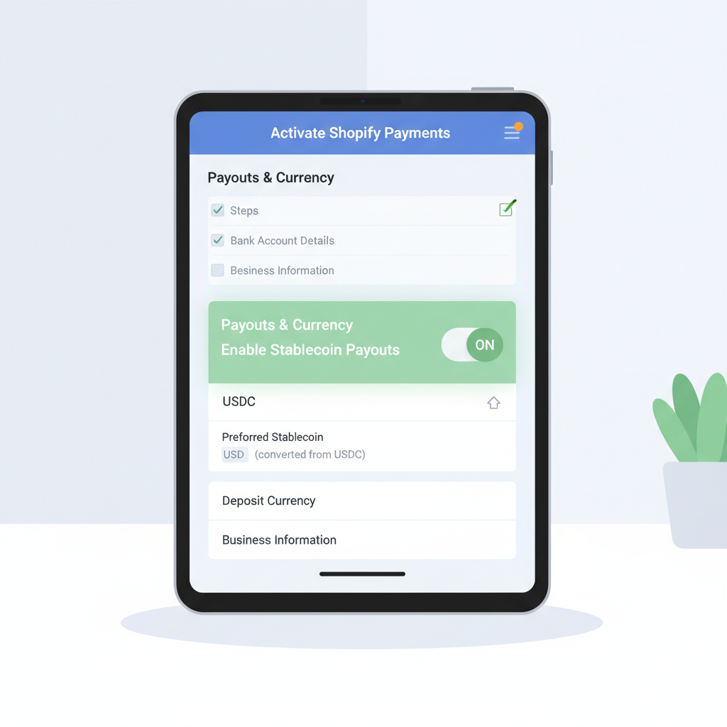 shopify payments activation screen with stablecoin toggle enabled, professional interface