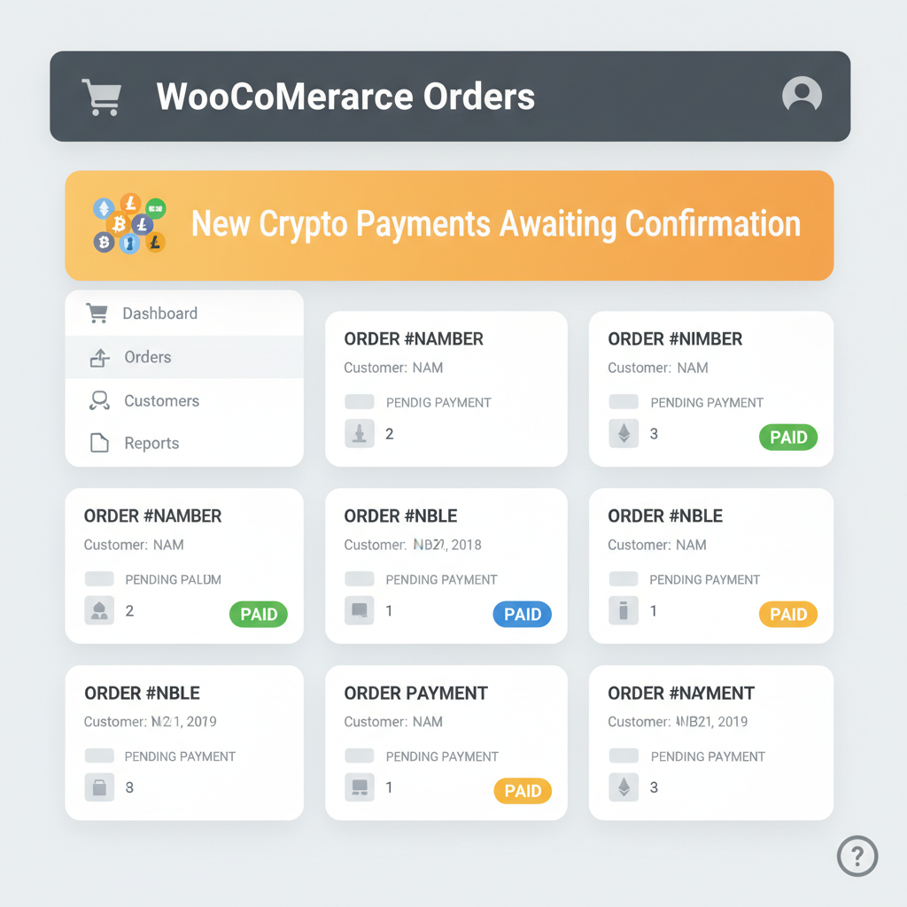 WooCommerce order dashboard with green paid status, alert notifications for crypto payments